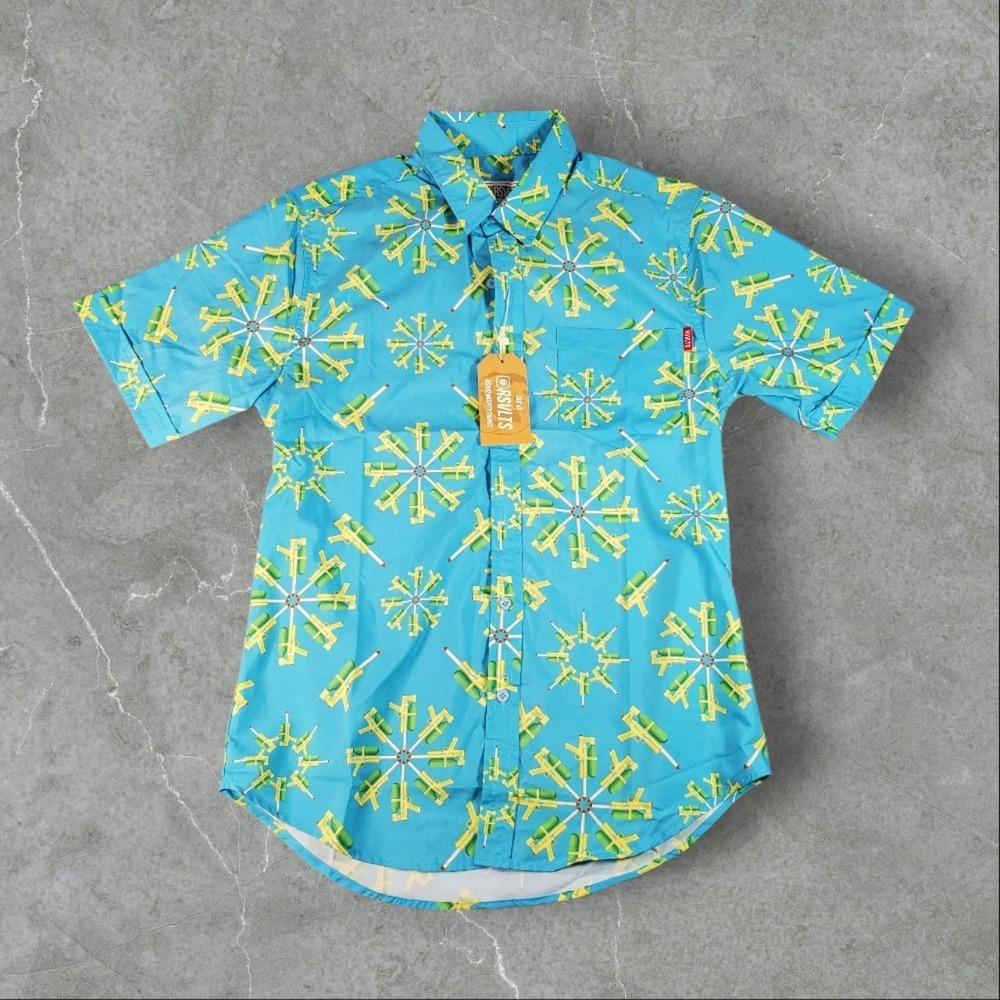RSVLTS Shirt Men Small Blue Dare Mighty Thing Hawaiian Watergun Button Down  NWT